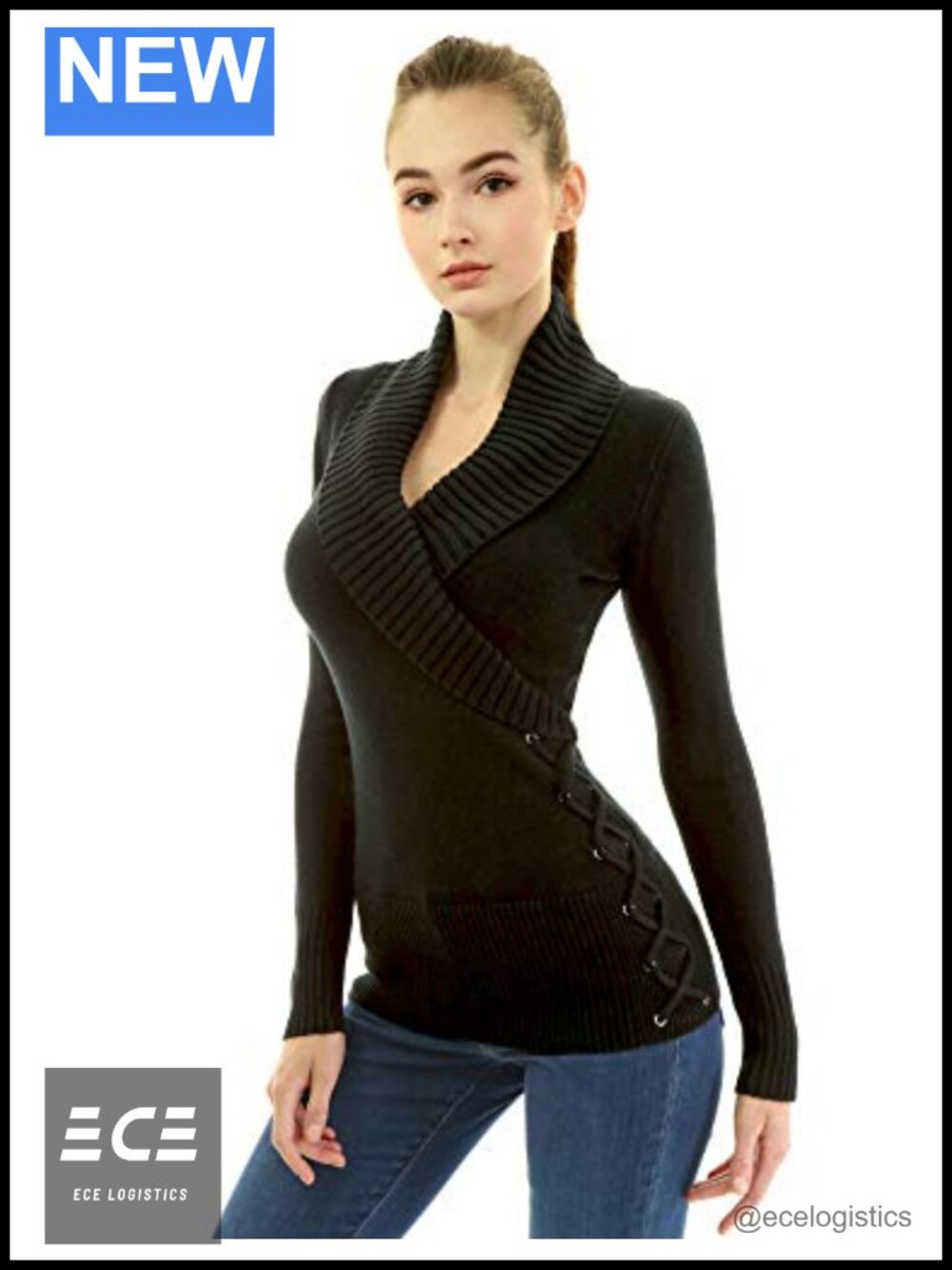Women's Slim Fit Shawl Collar Faux Wrap Lace Up Long Sleeve Sweater
